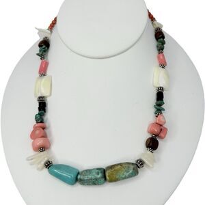 925 Sterling Silver Turquoise Necklace 18.5"   Beaded Coral Accents